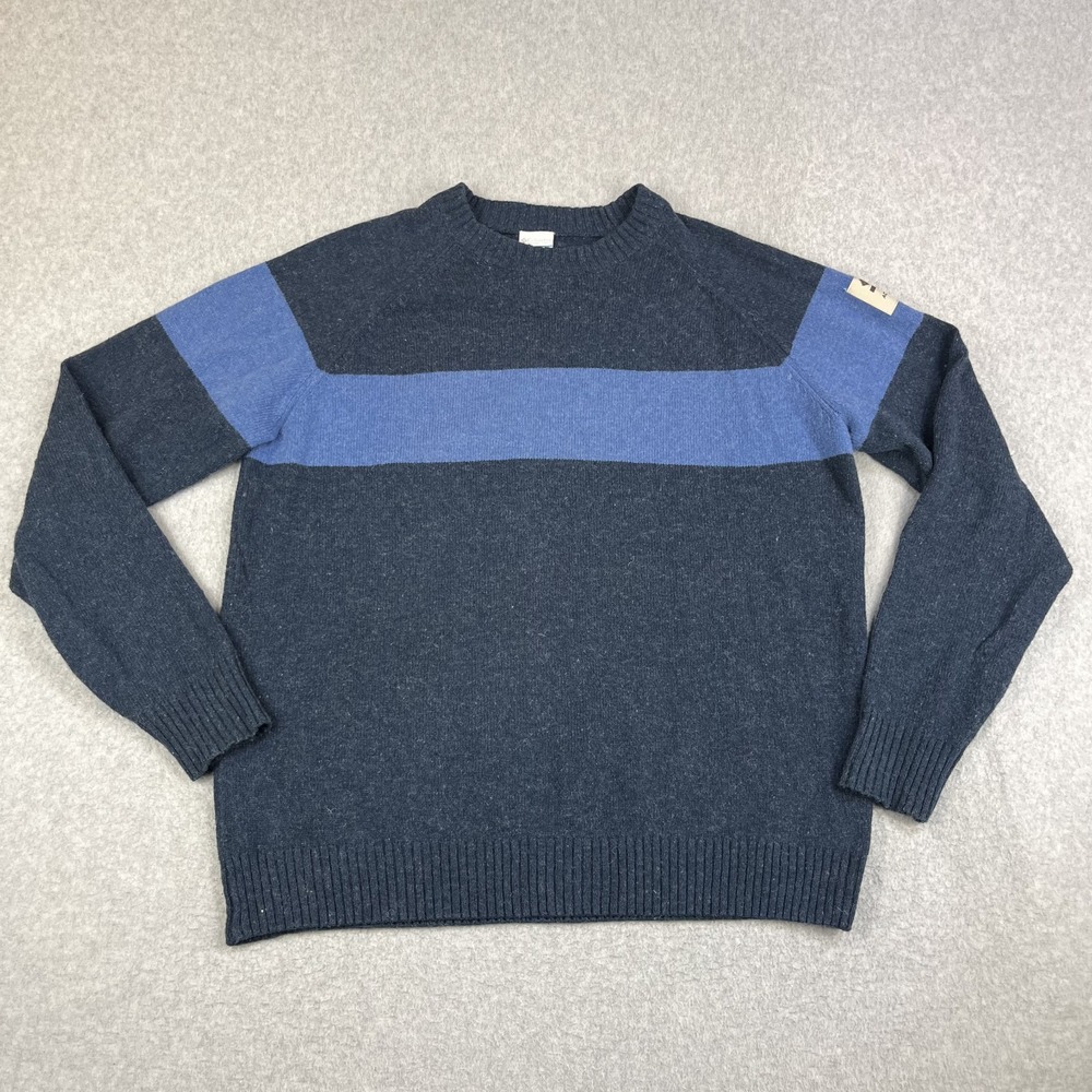 Columbia Sweater Mens Large Blue Pullover Knit Wool Blend Stripe Patch Ski Board